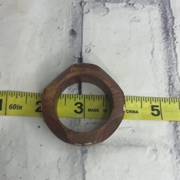 Polished Wood and Brass Napkin Rings Bohemian Set of 4 Made in India Thumbprint - Picture 5 of 5